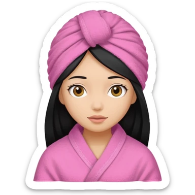 Girl with a pink towel on her head, light tan skin black hair tucked in towel  sticker