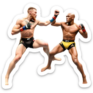 An MMA showdown between Conor McGregor and Anderson Silva in the octagon. McGregor is executing a jumping strike, while Silva skillfully deflects the attack. The background shows the UFC octagon with roaring fans and vibrant energy. Transparent background. sticker