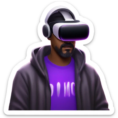 Big Lebowski wearing a black hoodie with "OMG" letters on it and VR headset oculus quest 2 in a cyberpunk VR environment with violet neon lighting. sticker