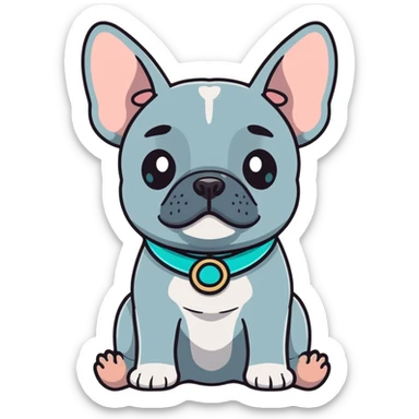 Grey French bulldog with turquoise collar sitting facing forward sticker