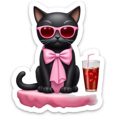 A black cat wearing a little light pink bow, red oval sunglasses, and drinking a cherry cola  sticker