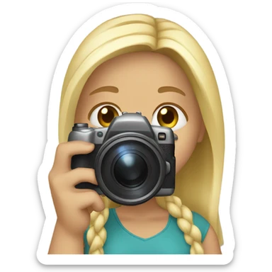 A blond girl holding a camera sticker