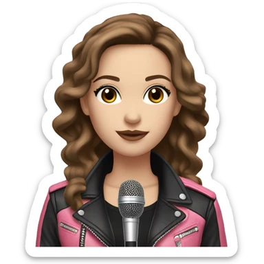 Pretty White Woman, Long Brown Wavy Hair, Brown Eyes, with black eyeshadow Wearing A Pink top and a Black Leather Jacket, holding a microphone  sticker
