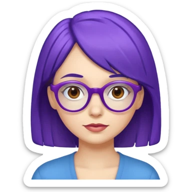 Cartoon adult woman with purple glasses, brown eyes, and blue medium length hair sticker