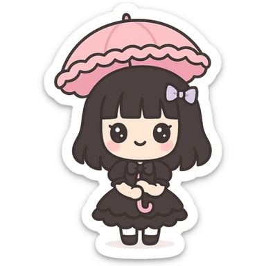 goth girl, pale skin, black hair, gothic lolita dress, umbrella, kawaii style sticker