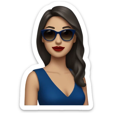 brunette in dark blue sunglasses, red lips and a dark blue dress sticker