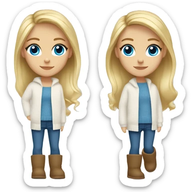 Blond girl with blue eyes and a white fall sweater and blue jeans and Ugg shoes  sticker