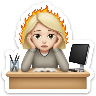 person with dark circles under eyes, slouched at desk, overwhelmed and burned out, iOS emoji style sticker