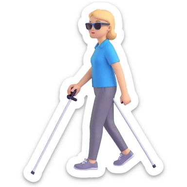 A blind person walking with a white cane, wearing sunglasses, outdoors, daytime. Focus on the cane and posture that indicates visual impairment. sticker