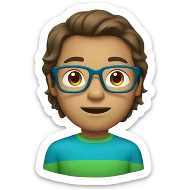 a boy in a green shirt, blue glasses and Medium long hair Brown color   sticker