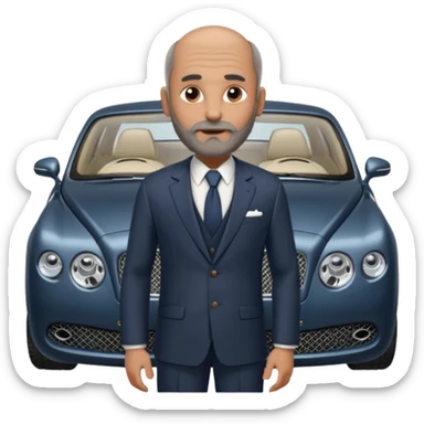 Slightly Balding with frencb beard graying indian guy in suit with a bentley names professor bw tlt sticker