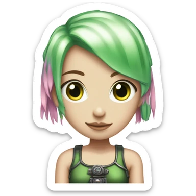 light-skinned girl, 1girl, pink hair, short pink hair, steampunk, green eyes, green swimsuit, robotic left arm sticker