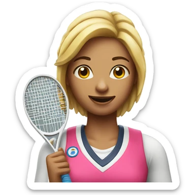 A woman holding a teniss racket and having a 1st place medal sticker