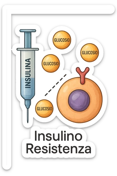 Create a realistic icon of insulin resistance with no background and a 2:3 aspect ratio. Insert the Italian text 'Insulino Resistenza' in a clean style. The symbol should include insulin, glucose, and a cell showing resistance, with a clean and clear style. sticker