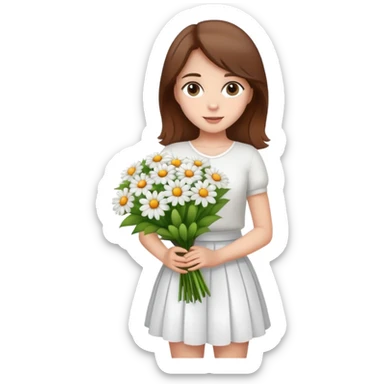 girl with brown hair wearing a white skirt holding a bouquet of flowers sticker