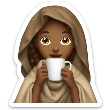 light brown girl with wavy hair drinking a latte with a blanket over her head sticker