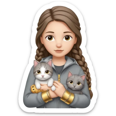 a white girl with long brunette hair in braid that is over her shoulder. shes holding a grey cat. the girl has long lashes and has on a grey zip up that is half way zipped  and under a white shirt and gold jewelry that is gold bracelets. sticker