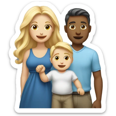 An emoji of a mother with long, flowing blonde hair standing confidently, next to her husband. In her arms, or in front of them, is a baby boy, representing a happy and loving family sticker