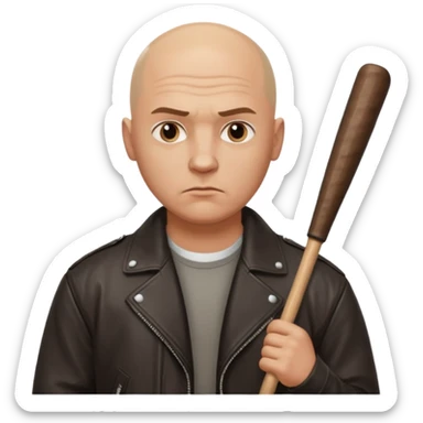 Bald Russian 1990s gangster emoji, leather jacket, , serious face with a bat sticker