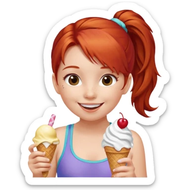 girl kid red haired swimsuit, eating ice cream, ponytail sticker