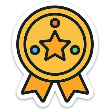 vector icon of a gold performance badge award with colorful gems, elegant minimalist flat design, award badge style, 2D flat vector, trending icon look, soft shadows, no text, commercial use, isolated on white background sticker