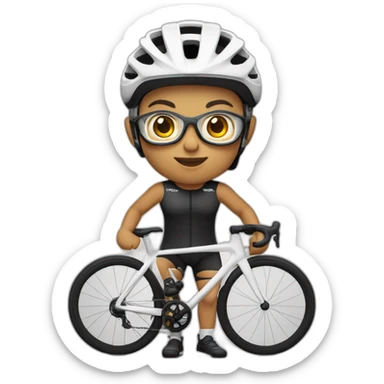 Ciclista de piel morena clara de contextura delgada estatura alta con zapatillas de ruta blancas licras negras y maillot blanco casco blanco y gafas negras con barba regular sticker