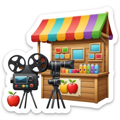 market stall with video camera and film reel, colorful and inviting, apple style emoji sticker