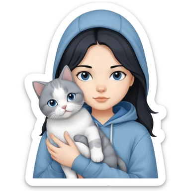 Girl with black hair wearing gray hoodie with a British shorthair blue and white cat and a long-haired blue and white cat sticker