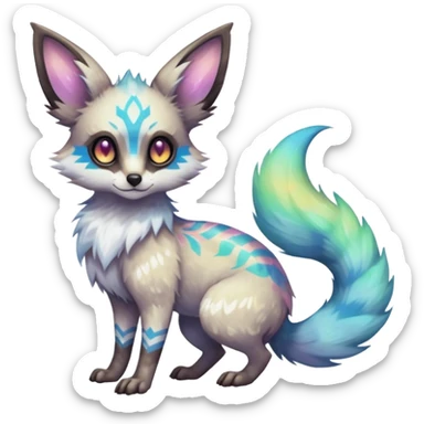 Rare iridescent white exotic epic aesthetic colorful Trico-Genet-Eevee-Genet-species-Fakemon-hybrid-creature, with intricate tattoo markings, full body sticker