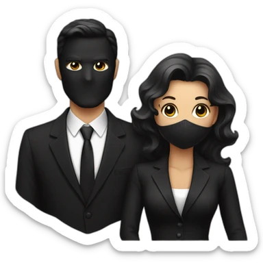 A man in black suit and with black mask with woman sticker