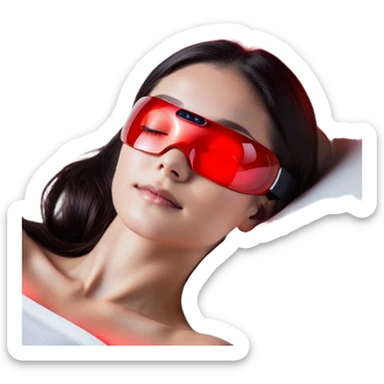 A sleek and modern red light therapy eye massager with a futuristic design. The device wraps gently around the eyes, emitting a soft red glow from its lenses, symbolizing red light therapy. The design should feel premium and high-tech, incorporating smooth, curved edges and a comfortable fit. Small heat waves or steam effects should subtly rise from the device, representing the hot compress function. A calm, relaxed face with closed eyes and a slight smile should be visible, indicating stress relief and relaxation. The background should be minimalistic but convey a sense of self-care and rejuvenation, possibly with soft sparkles or glow effects around the eyes to emphasize anti-aging and dark circle reduction." sticker