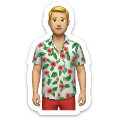 white man with a flower shirt with a red pant sticker