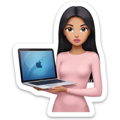 Glamours, tanned, very beautiful girl, with big pump peach-beige-rose lips, long lashes, black straight smooth silky long hair, straight parting hair, blue-grey eyes, in light-pink bodysuit holding MacBook sticker