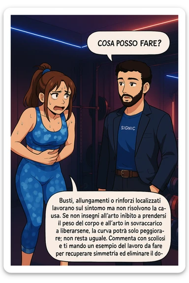 ispirati a questo stile di disegno e fai questa immagine in versione manga/webtoon a colori, il manga mostra la donna preoccupata che chiede: "COSA POSSO FARE?" E L'UOMO CHE RISPONDE: Busti, allungamenti o rinforzi localizzati lavorano sul sintomo ma non risolvono la causa. Se non insegni all’arto inibito a prendersi il peso del corpo e all’arto in sovraccarico a liberarsene, la curva potrà solo peggiorare; non resta uguale. Commenta con scoliosi e ti mando un esempio del lavoro da fare per recuperare simmetria ed eliminare il dolore. sticker