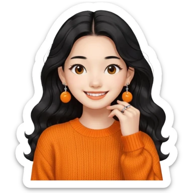 Korean 24-year-old female online shopping mall seller / Orange knit / White face / Earrings / Smiling expression / Long wavy hair / Influencer vibe / Fashionable / Black hair sticker