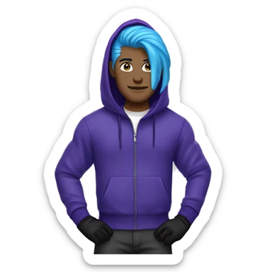 a man with blue hair, purple zipper hoodie, amarican, black pants, blue bike gloves, white skin, PURPLE ZIPPER HOODIE, BLUE HAIR, BLUE BIKE HALF THINGERD GLOVES sticker
