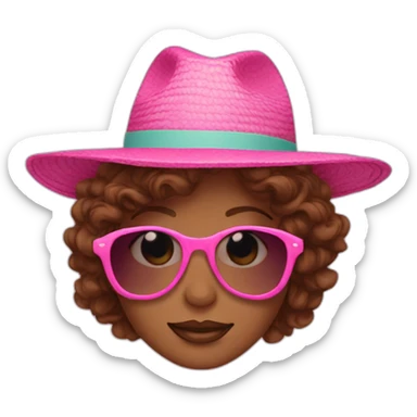 pink sunglasses on female head with wavy brown hair and a summer hat sticker