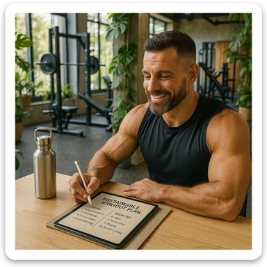 Hyperrealistic 4K image of a bodybuilding coach preparing a sustainable workout plan for his client in a modern, eco-friendly gym. Positive and motivational atmosphere. Details include reusable water bottle, notes on tablet or recycled paper, modern sustainable gym environment with plants and recycled materials. sticker