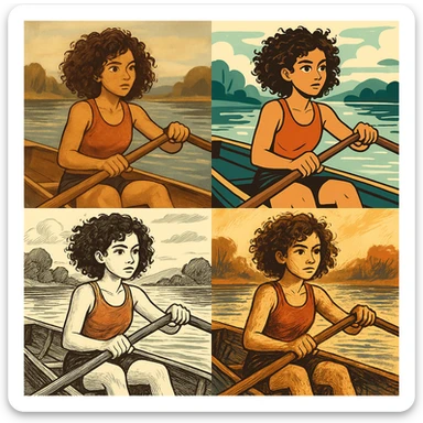 kıvırcık saçlı, kürek çeken kız, farklı stillerde sticker