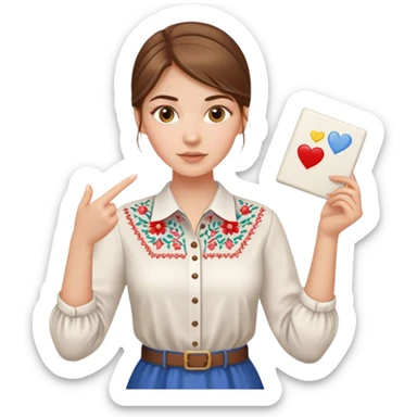 A Ukrainian girl with brown hair in an embroidered shirt holds a diagram in her hand sticker