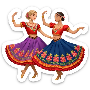 Cinematic Realistic scene of two dancers performing the Tarantella, dressed in vibrant, flowing traditional costumes with detailed embroidery and dynamic skirts, captured in festive motion with warm, lively lighting sticker