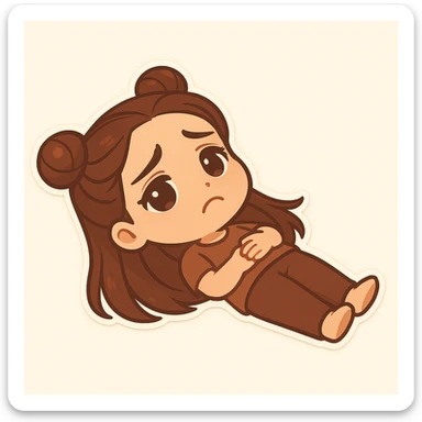Create a chibi sticker of the girl lying on her back on the ground, looking sad with a 'not alone' vibe, featuring the double bun hairstyle as shown in the reference image. sticker