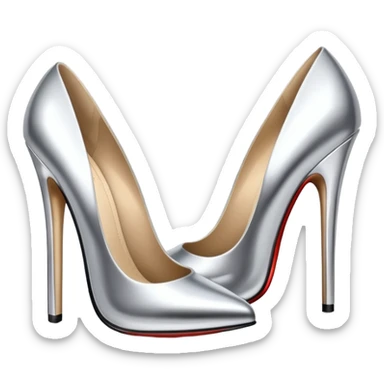 A pair of high heel shoes emoji made of polished silver chrome, elegant sharp silhouette, smooth metallic surface, glossy reflections, luxury sexy vibe, minimalistic iOS emoji style, centered, clean white background sticker