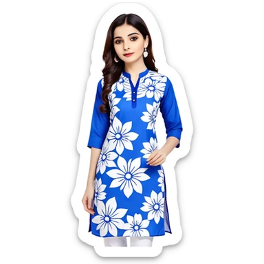 Modern blue women's kurti with white floral prints sticker