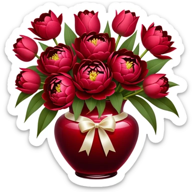 "An exquisite floral arrangement in a deep red glass vase, filled with velvety red peonies, classic roses, and striking tulips, accompanied by silky pearl-colored ribbons that drape gently over the surface." sticker