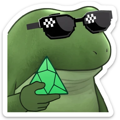 bufo with triangle shaped 8 bit sunglasses full black, confident smile, with a mini full dark powerful orb in his hand sticker