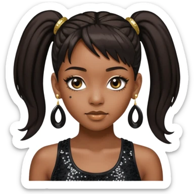 Left Eye from TLC with long dark brown ponytail hair, black sequin crop top, black earring sticker