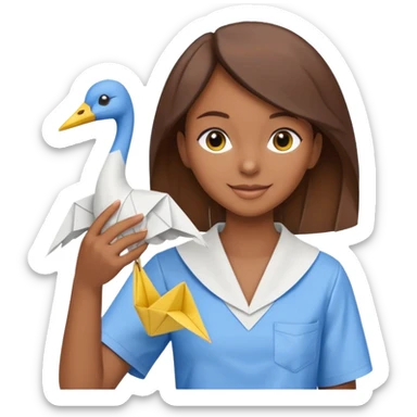 happy-african-young-girl-with-brown-hair-in-a-white-kanga-shirt-holds-an-origami-yellow-and-blue-crane sticker