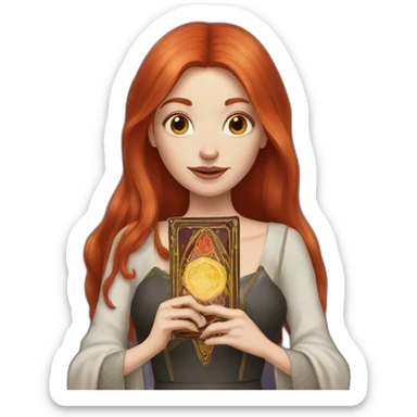 redhead white woman medium long straight hair, holding a tarot card in her hand sticker