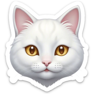 Cinematic Cute White Cat Portrait Emoji, Head tilted with a soft, gentle smile and sparkling eyes, featuring a silky, pristine white fur with subtle silver highlights, simplified yet irresistibly adorable, highly detailed, glowing with a warm, snowy glow, high shine, radiating affectionate charm and tender grace, styled with a light, playful outline, capturing the essence of a cute white cat that looks as if it could melt your heart with a single blink! sticker